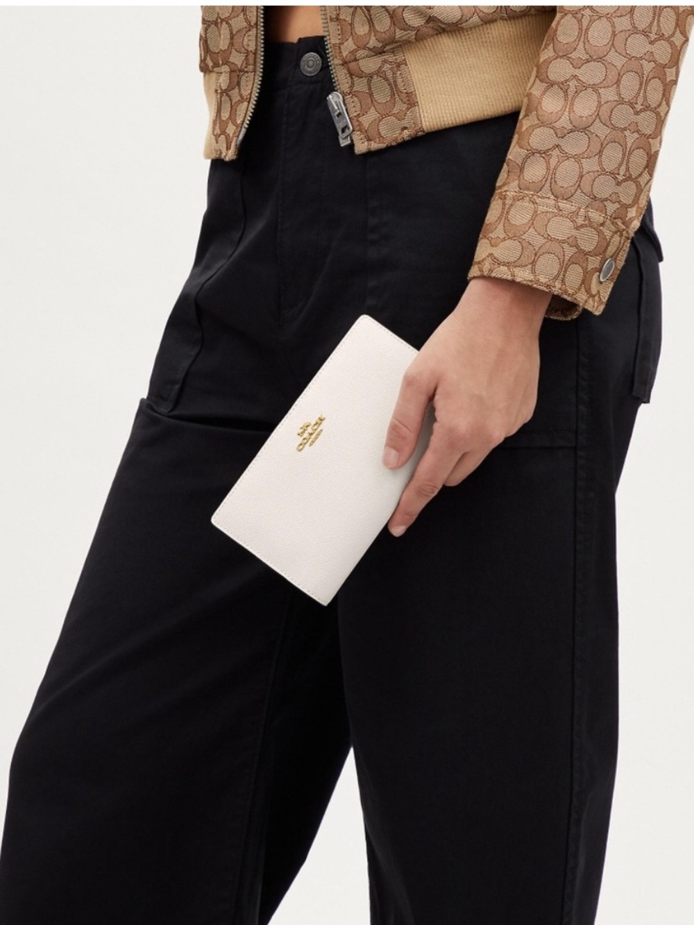 COACH Slim Pebbled Leather Wallet in White with Gold Logo